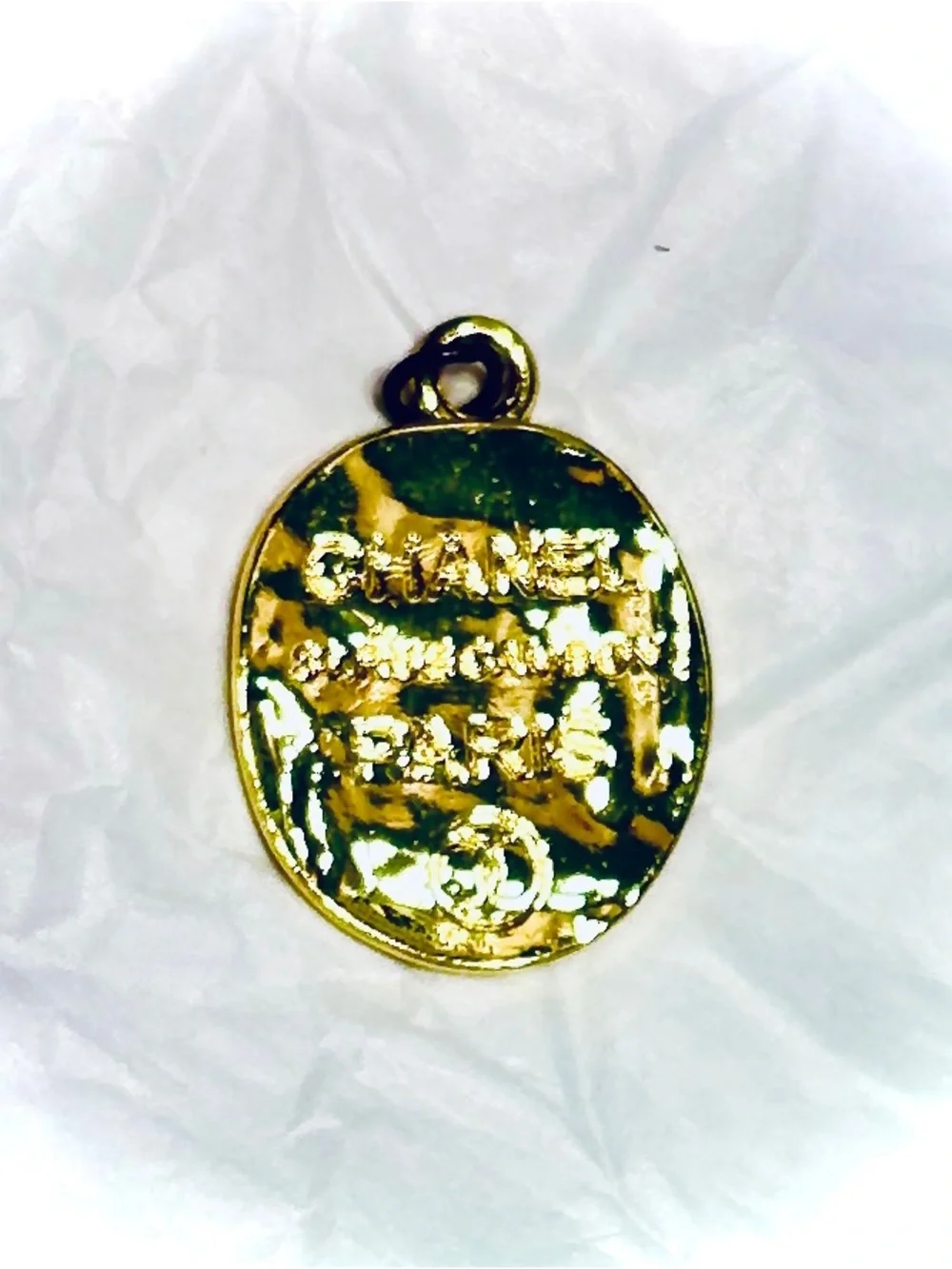 CHANEL Gold Tone Paris Logo Disc Pendant on Chain
